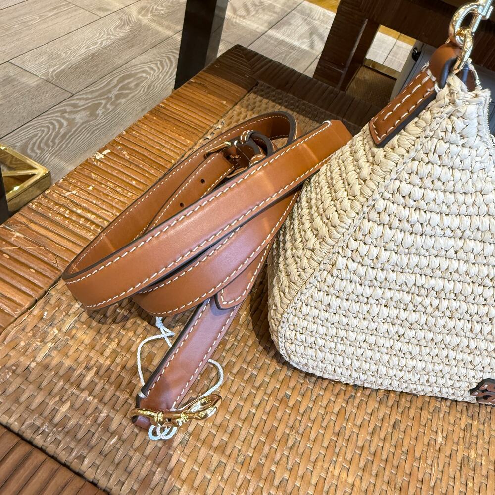 Tory Burch Cream Woven Straw Hobo with Brown Leather Trim - Picture 2 of 11